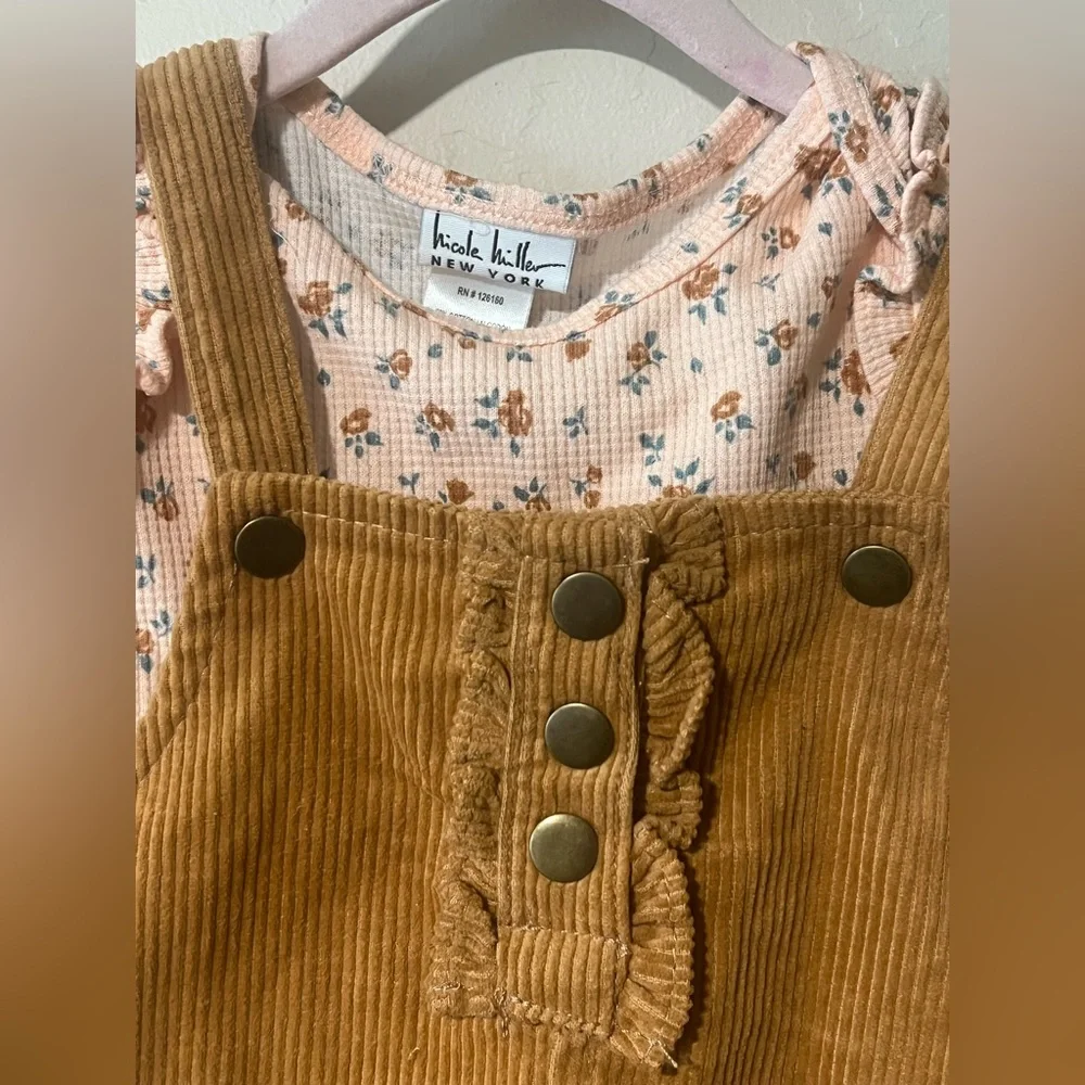 Nicole Miller 2 Piece Set Long Sleeve Pink Floral Brown Corduroy Dress Size 12m - Picture 2 of 10